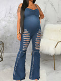 Momnfancy Jean Cut Out Sleeveless Cami Wide Leg Bodycon Plus Size Maternity Jumpsuit