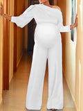 Momnfancy Oblique Shoulder Long Sleeve Solid Color Evening Maternity Jumpsuit