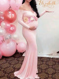 Momnfancy Off Shoulder Mermaid Side Slit Pregnant Maternity Baby Shower Photoshoot Mini Dress
