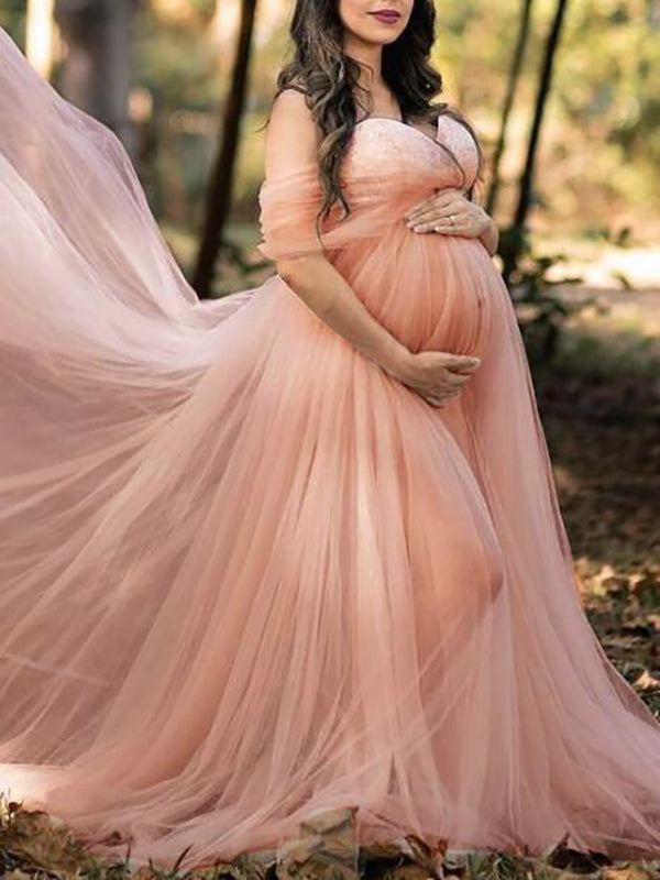 Momnfancy Grenadine Tulle Lace Off Shoulder Baby Shower Photoshoot Pregnant Maternity Maxi Dress