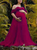 Momnfancy Grenadine Tulle Lace Off Shoulder Baby Shower Photoshoot Pregnant Maternity Maxi Dress