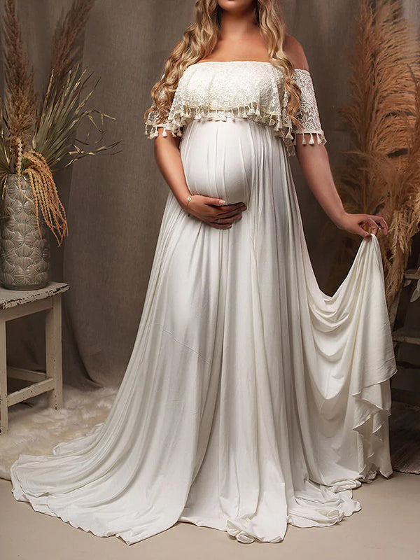 Momnfancy Off Shoulder Tassel Side Slit Boat-Neck Babyshower Photoshoot Gowns Maternity Maxi Dress