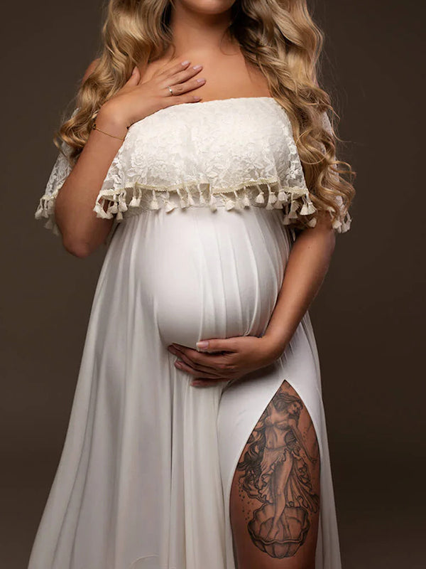Momnfancy Off Shoulder Tassel Side Slit Boat-Neck Babyshower Photoshoot Gowns Maternity Maxi Dress