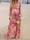 Momnfancy Floral Print V-neck Long Sleeve Boho Floor Length Plus Size Maternity Maxi Dress