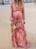 Momnfancy Floral Print V-neck Long Sleeve Boho Floor Length Plus Size Maternity Maxi Dress