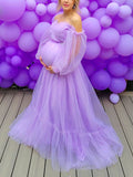Momnfancy Solid Color Big Swing Tulle Tutu Boat-Neck Off Shoulder Babyshower Evening Maternity Maxi Dress
