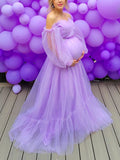 Momnfancy Solid Color Big Swing Tulle Tutu Boat-Neck Off Shoulder Babyshower Evening Maternity Maxi Dress
