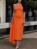 Momnfancy One Shoulder Cut Out Pleated Sleeveless Babyshower Maternity Maxi Dress