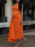 Momnfancy One Shoulder Cut Out Pleated Sleeveless Babyshower Maternity Maxi Dress