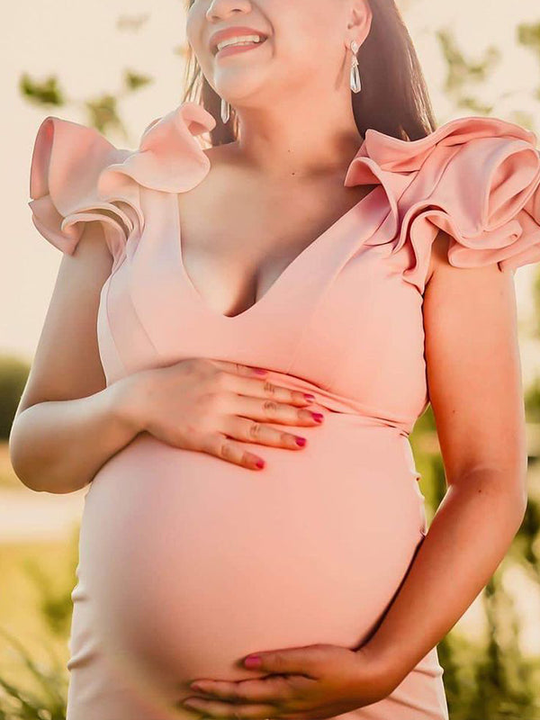 Momnfancy Pink Cascading Ruffle V-neck Mermaid Evening Gown Elegant Baby Shower Maternity Photoshoot Maxi Dress