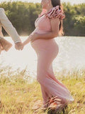 Momnfancy Pink Cascading Ruffle V-neck Mermaid Evening Gown Elegant Baby Shower Maternity Photoshoot Maxi Dress