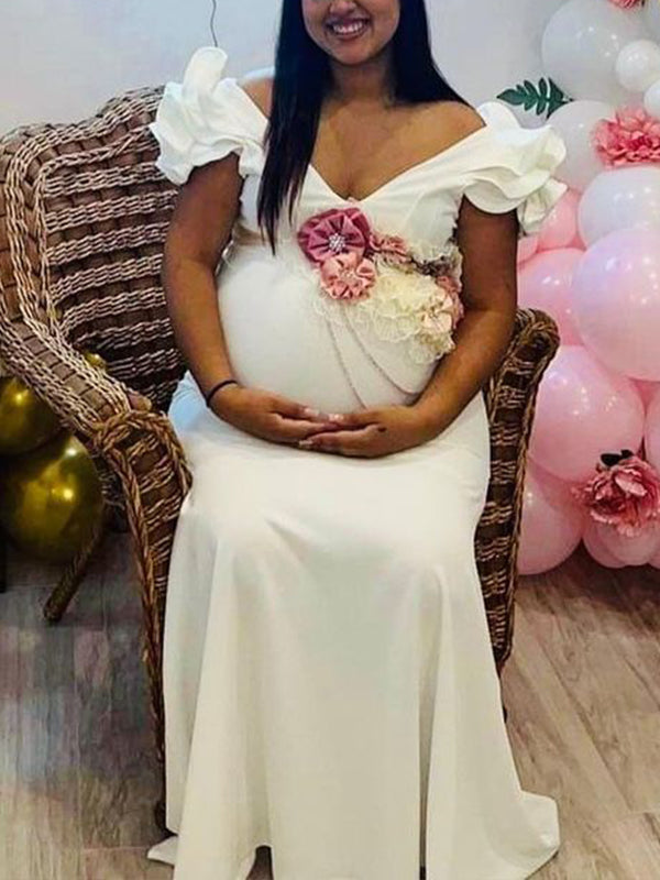 Momnfancy White Cascading Ruffle V-neck Mermaid Evening Gown Elegant Baby Shower Maternity Photoshoot Maxi Dress