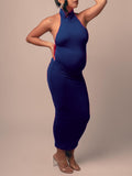 Momnfancy Halter Neck Backless Bodycon Sleeveless Babyshower Maternity Maxi Dress