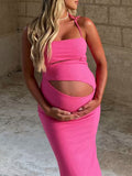 Momnfancy Spaghetti Strap Backless Cut Out Crop Split Bodycon Photoshoot Fashion Baby Shower Maternity Maxi Dress