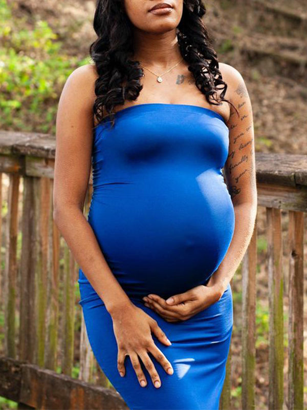 Momnfancy Blue Bandeau Off Shoulder Bodycon Gender Reveal Baby Shower Cute Maternity Maxi Dress
