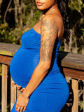 Momnfancy Blue Bandeau Off Shoulder Bodycon Gender Reveal Baby Shower Cute Maternity Maxi Dress