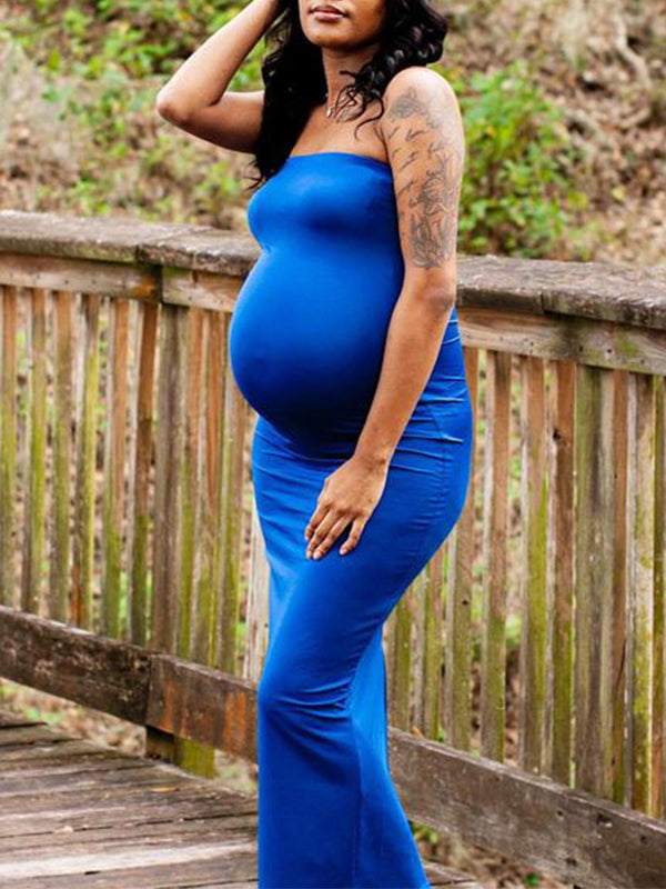 Momnfancy Blue Bandeau Off Shoulder Bodycon Gender Reveal Baby Shower Cute Maternity Maxi Dress