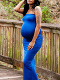 Momnfancy Blue Bandeau Off Shoulder Bodycon Gender Reveal Baby Shower Cute Maternity Maxi Dress