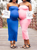 Momnfancy Blue Bandeau Off Shoulder Bodycon Gender Reveal Baby Shower Cute Maternity Maxi Dress