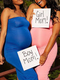 Momnfancy Blue Bandeau Off Shoulder Bodycon Gender Reveal Baby Shower Cute Maternity Maxi Dress