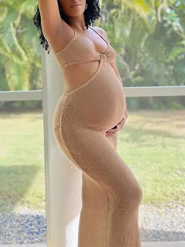 Momnfancy Off Shoulder Spaghetti Strap Cut Out Backless Elegant Photoshoot Maternity Maxi Dress