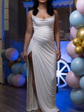 Momnfancy Spaghetti Strap Side Slit Ruched Pleated Pocket Collar Babyshower Elegant Maternity Maxi Dress