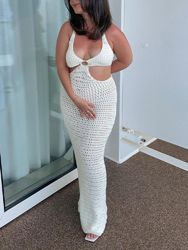Momnfancy White Off Shoulder Knit Coverup Dress Mesh Bodycon Beach Hollow Cut Out Maternity Maxi Dress