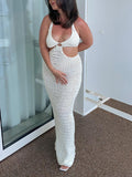 Momnfancy White Off Shoulder Knit Coverup Dress Mesh Bodycon Beach Hollow Cut Out Maternity Maxi Dress