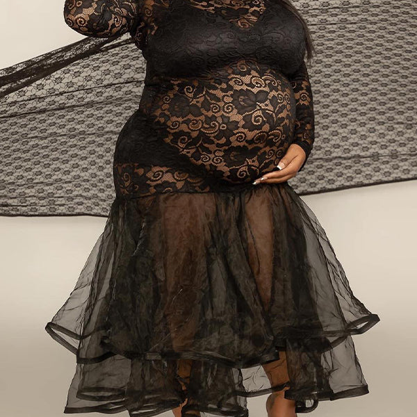 Momnfancy Black Lace Tulle Mermaid Sheer Plus Size Photoshoot Gown Maternity Maxi Dress