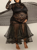 Momnfancy Black Lace Tulle Mermaid Sheer Plus Size Photoshoot Gown Maternity Maxi Dress