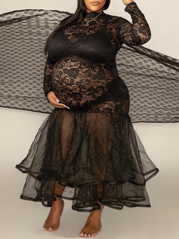 Momnfancy Black Lace Tulle Mermaid Sheer Plus Size Photoshoot Gown Maternity Maxi Dress