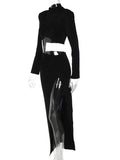 Momnfancy Black 2-in-1 Cut Out Side Slit High Neck Fashion Bodycon Photoshoot Party Club Maternity Maxi Dress