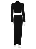 Momnfancy Black 2-in-1 Cut Out Side Slit High Neck Fashion Bodycon Photoshoot Party Club Maternity Maxi Dress
