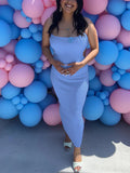 Momnfancy Blue Cut Out Backless Halter Neck Belly Friendly Bandeau Bodycon Knit Babyshower Maternity Maxi Dress