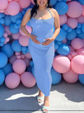 Momnfancy Blue Cut Out Backless Halter Neck Belly Friendly Bandeau Bodycon Knit Babyshower Maternity Maxi Dress