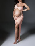 Momnfancy Pink Bandeau Irregular Crop 2-in-1 Side Slit Bodycon Photoshoot Maternity Maxi Dress