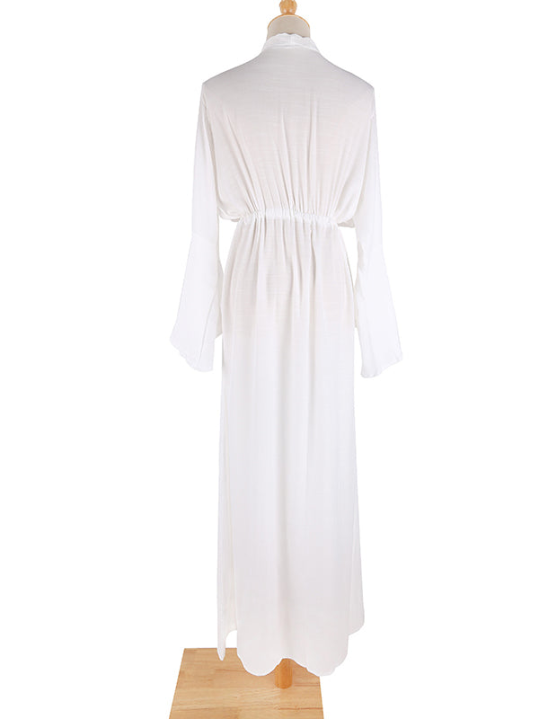 Momnfancy White Drawstring Single Breasted V-Neck Flare Sleeve Elegant Photoshoot Maternity Maxi Dress