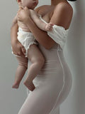 Momnfancy White Satin Mesh Patchwork Off Shoulder Mermaid Sheer Elegant Maternity Photoshoot Maxi Dress