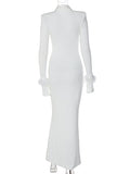 Momnfancy White Feather Single Breasted Polo V-Neck Flare Sleeve Bodycon Elegant Mermaid Baby Shower Maternity Maxi Dress