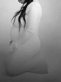 Momnfancy White Feather Single Breasted Polo V-Neck Flare Sleeve Bodycon Elegant Mermaid Baby Shower Maternity Maxi Dress