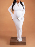 Momnfancy White Feather Single Breasted Polo V-Neck Flare Sleeve Bodycon Elegant Mermaid Baby Shower Maternity Maxi Dress