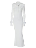 Momnfancy White Feather Single Breasted Polo V-Neck Flare Sleeve Bodycon Elegant Mermaid Baby Shower Maternity Maxi Dress