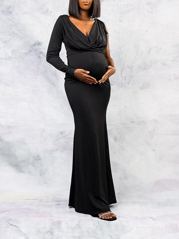 Momnfancy Black Off Shoulder Irregular V-Neck Elegant Mermaid Evening Gowns Photoshoot Maternity Maxi Dress