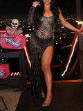 Momnfancy Black Off Shoulder Mesh Rhinestone Glitter Sparkly Side Slit Irregular Party Gown Baby Shower Maternity Maxi Dress