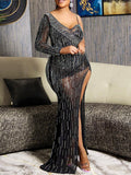 Momnfancy Black Off Shoulder Mesh Rhinestone Glitter Sparkly Side Slit Irregular Party Gown Baby Shower Maternity Maxi Dress