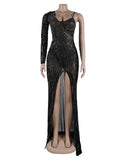 Momnfancy Black Off Shoulder Mesh Rhinestone Glitter Sparkly Side Slit Irregular Party Gown Baby Shower Maternity Maxi Dress