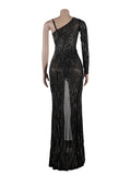 Momnfancy Black Off Shoulder Mesh Rhinestone Glitter Sparkly Side Slit Irregular Party Gown Baby Shower Maternity Maxi Dress