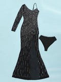 Momnfancy Black Off Shoulder Mesh Rhinestone Glitter Sparkly Side Slit Irregular Party Gown Baby Shower Maternity Maxi Dress