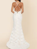 Momnfancy White Lace Tulle Mermaid Cami Backless V-neck Spaghetti Straps Wedding Gown Elegant Maternity Photoshoot Maxi Dress