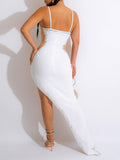 Momnfancy White Rhinestone Mesh Sheer Side Slit Bodycon Evening Photoshoot Gown Maternity Maxi Dress
